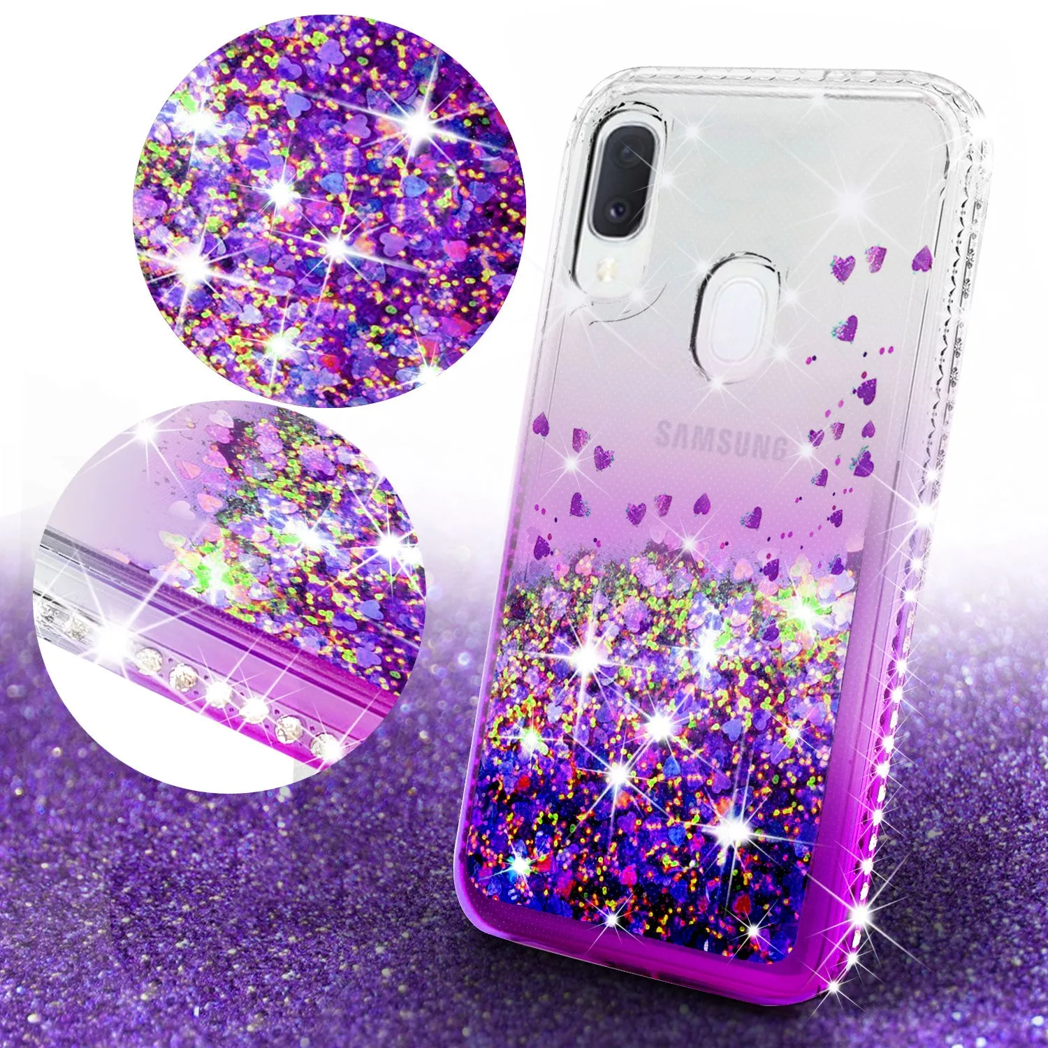 Samsung Galaxy A20 Case Liquid Glitter Phone Case Waterfall Floating Quicksand Bling Sparkle Cute Protective Girls Women Cover for Samsung Galaxy A20 W/Temper Glass- Purple
