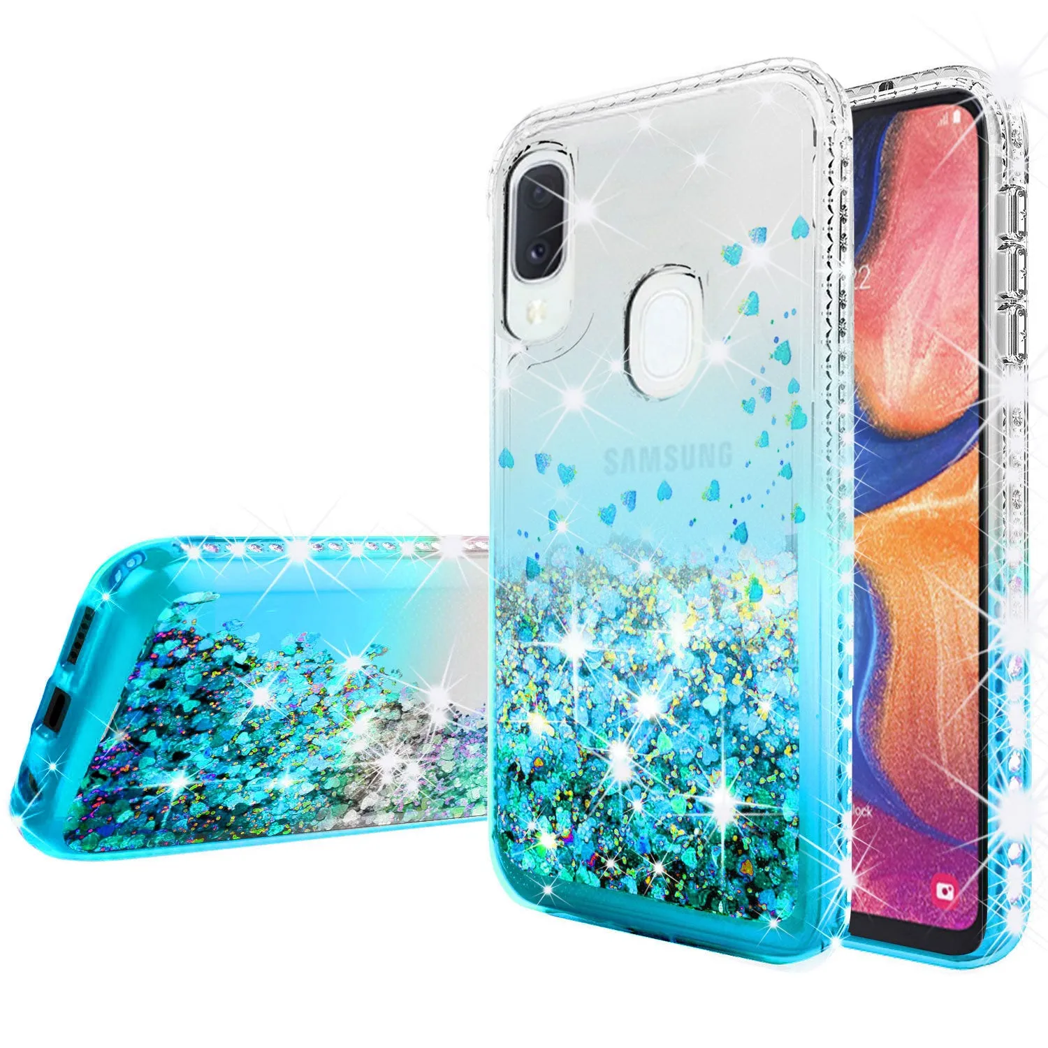Samsung Galaxy A20 Case Liquid Glitter Phone Case Waterfall Floating Quicksand Bling Sparkle Cute Protective Girls Women Cover for Samsung Galaxy A20 W/Temper Glass- Teal