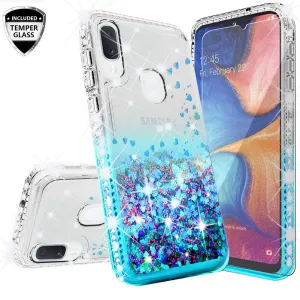 Samsung Galaxy A20 Case Liquid Glitter Phone Case Waterfall Floating Quicksand Bling Sparkle Cute Protective Girls Women Cover for Samsung Galaxy A20 W/Temper Glass- Teal