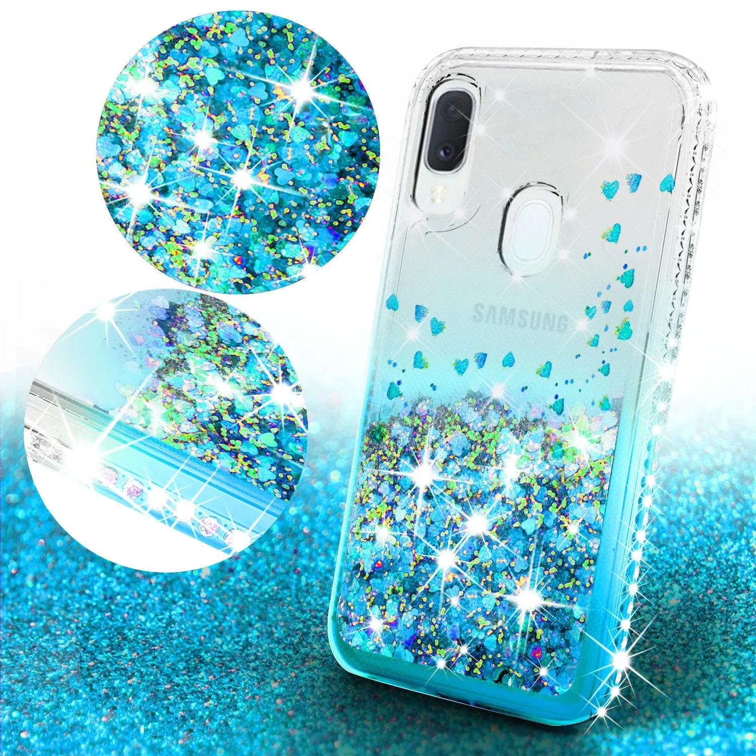 Samsung Galaxy A20 Case Liquid Glitter Phone Case Waterfall Floating Quicksand Bling Sparkle Cute Protective Girls Women Cover for Samsung Galaxy A20 W/Temper Glass- Teal