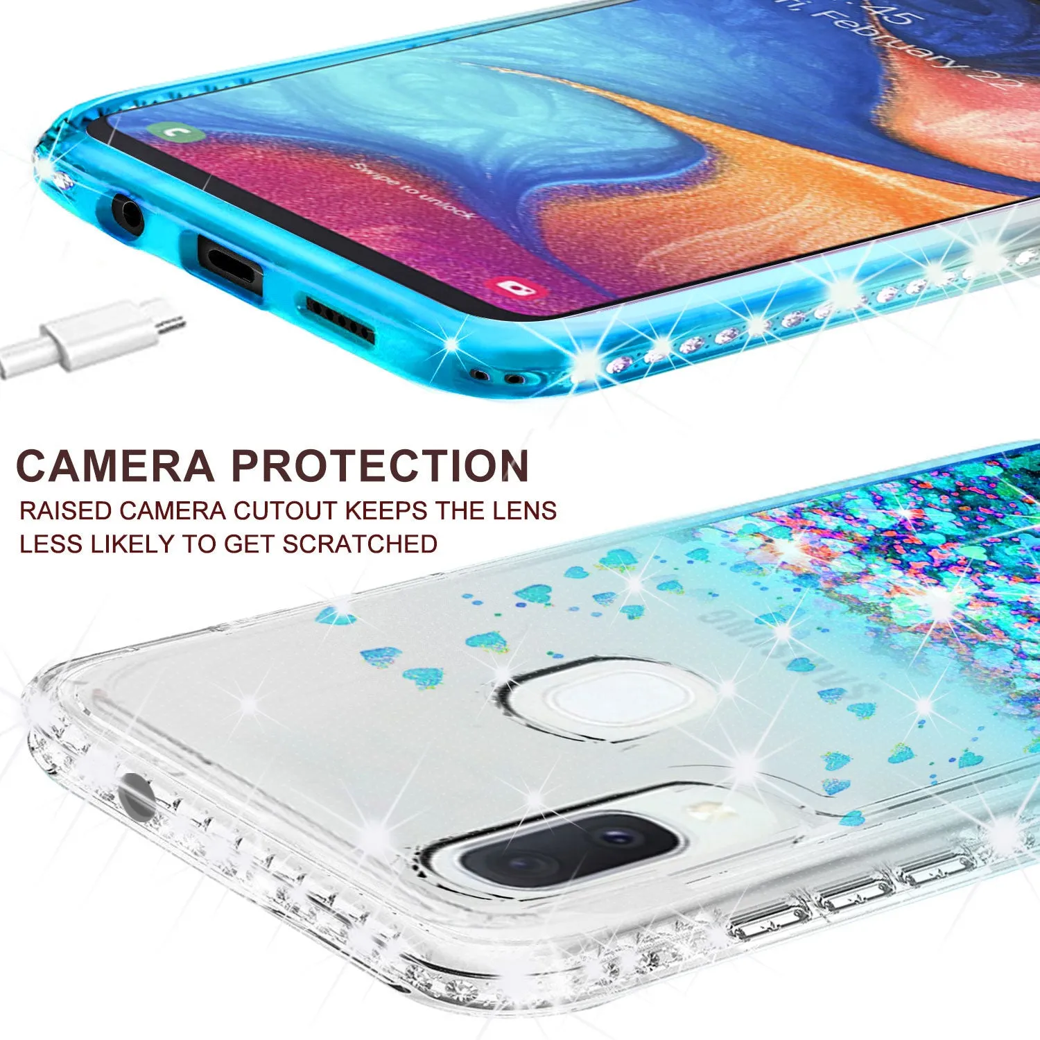 Samsung Galaxy A20 Case Liquid Glitter Phone Case Waterfall Floating Quicksand Bling Sparkle Cute Protective Girls Women Cover for Samsung Galaxy A20 W/Temper Glass- Teal