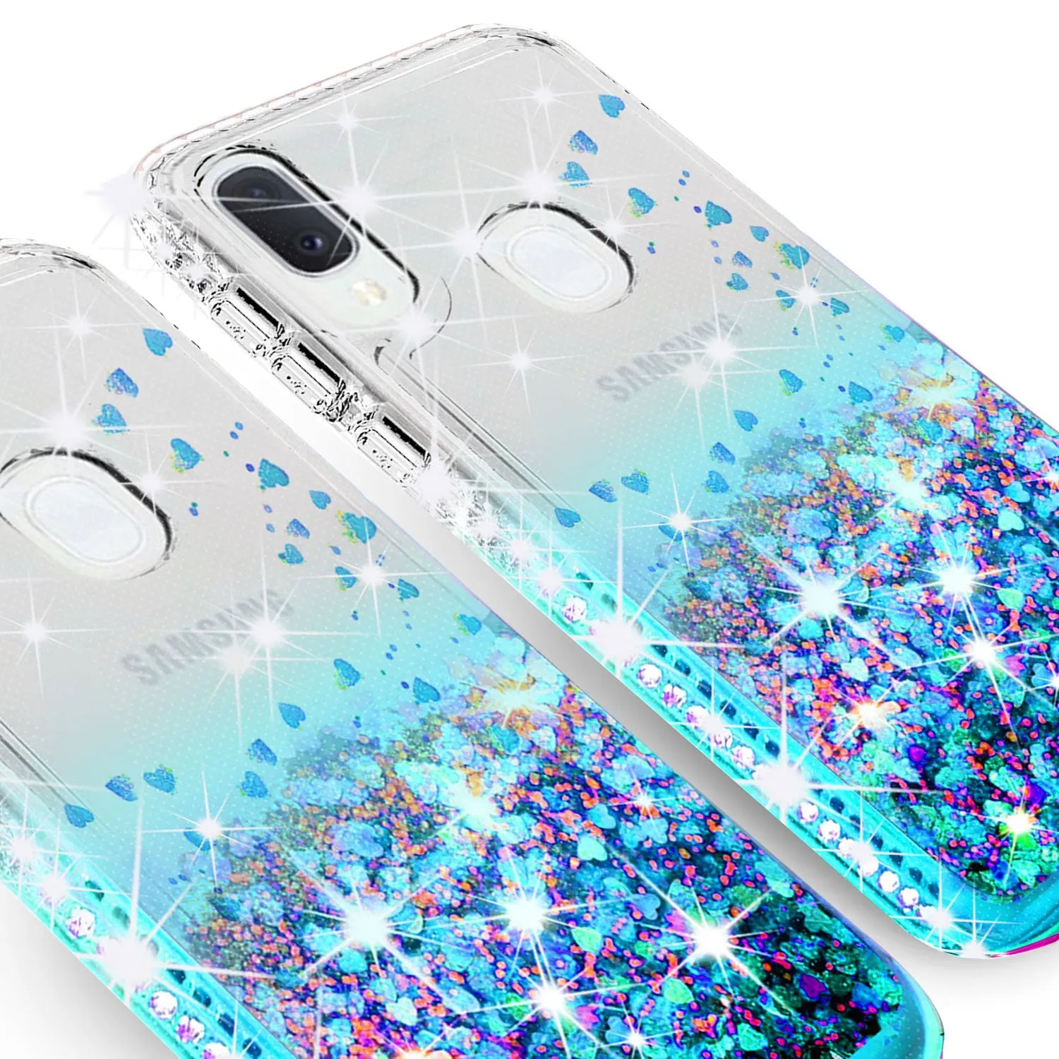Samsung Galaxy A20 Case Liquid Glitter Phone Case Waterfall Floating Quicksand Bling Sparkle Cute Protective Girls Women Cover for Samsung Galaxy A20 W/Temper Glass- Teal