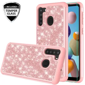 Samsung Galaxy A21 Case, Glitter Bling Heavy Duty Shock Proof Hybrid Case with [HD Screen Protector] Dual Layer Protective Phone Case Cover for Samsung Galaxy A21 - Rose Gold
