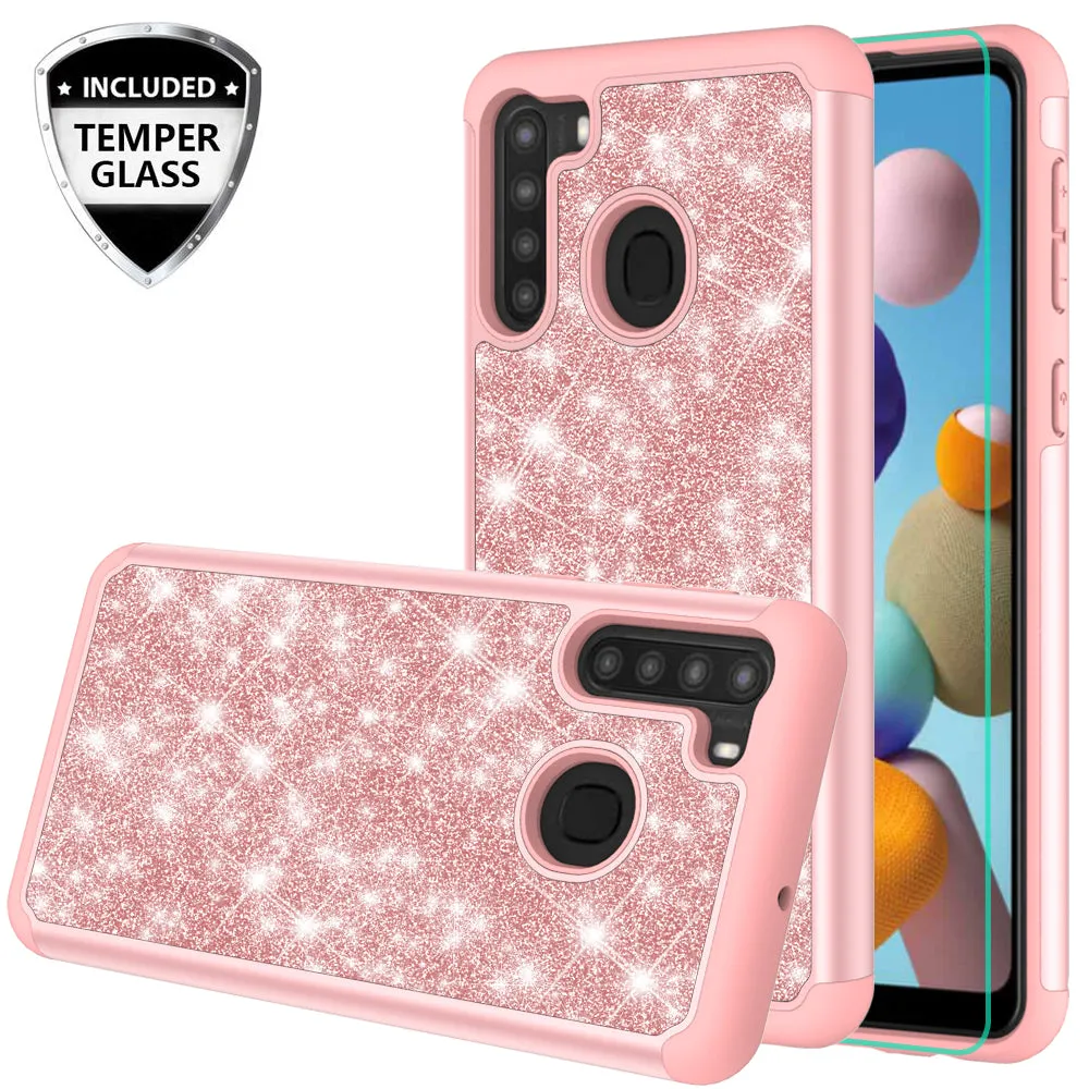 Samsung Galaxy A21 Case, Glitter Bling Heavy Duty Shock Proof Hybrid Case with [HD Screen Protector] Dual Layer Protective Phone Case Cover for Samsung Galaxy A21 - Rose Gold