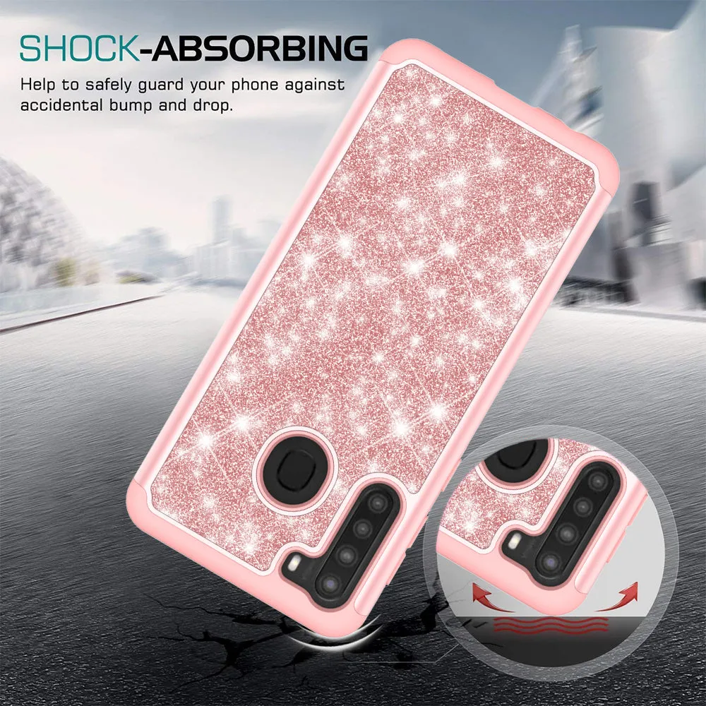 Samsung Galaxy A21 Case, Glitter Bling Heavy Duty Shock Proof Hybrid Case with [HD Screen Protector] Dual Layer Protective Phone Case Cover for Samsung Galaxy A21 - Rose Gold