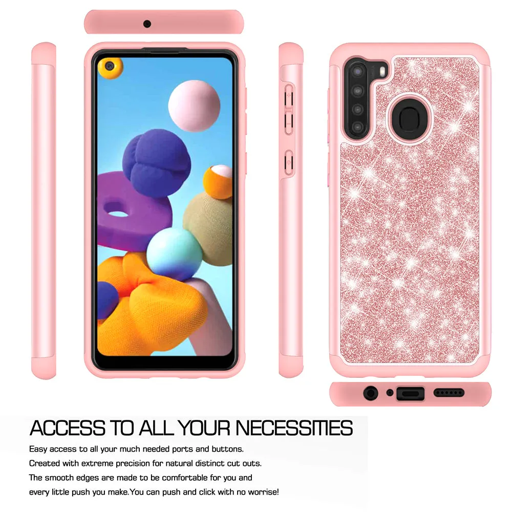 Samsung Galaxy A21 Case, Glitter Bling Heavy Duty Shock Proof Hybrid Case with [HD Screen Protector] Dual Layer Protective Phone Case Cover for Samsung Galaxy A21 - Rose Gold