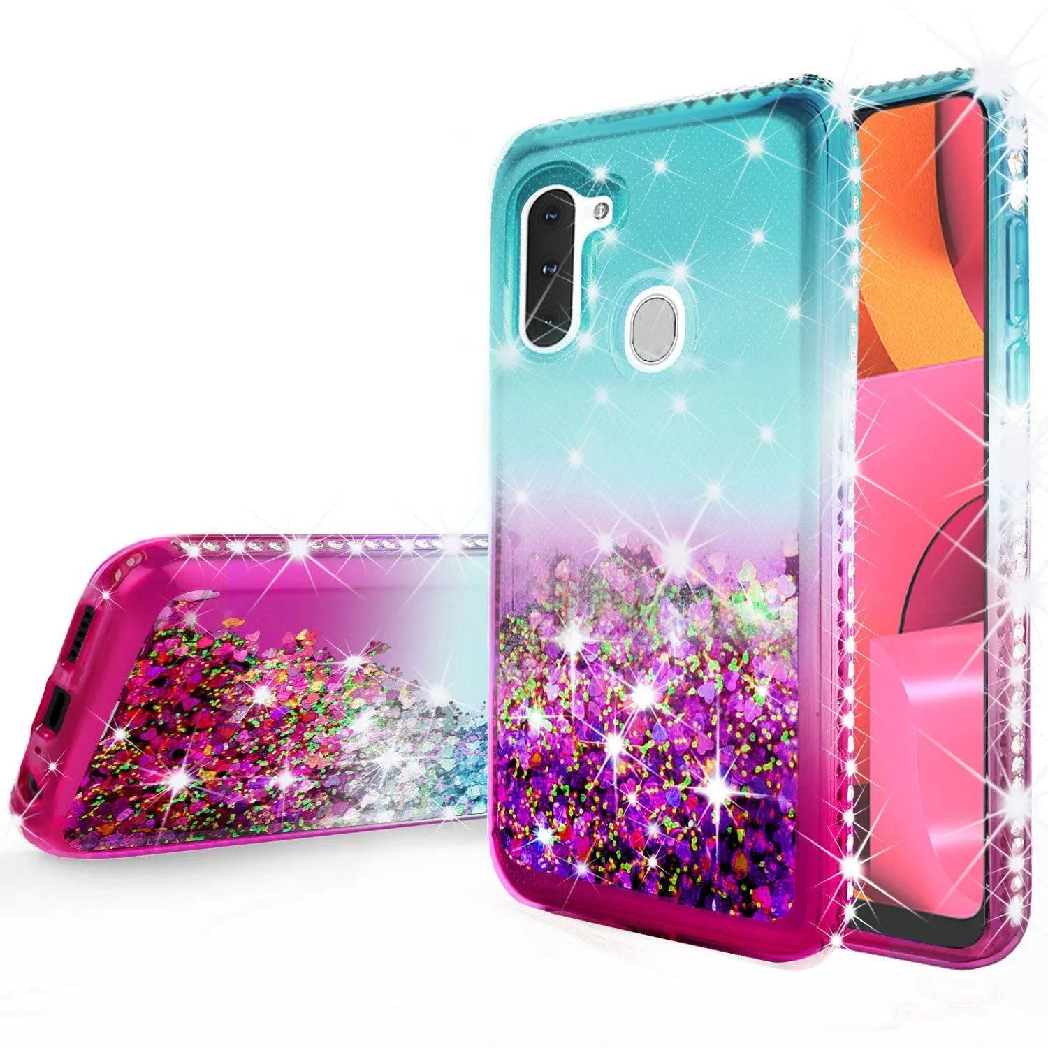 Samsung Galaxy A21 Case Liquid Glitter Phone Case Waterfall Floating Quicksand Bling Sparkle Cute Protective Girls Women Cover for Samsung Galaxy A21 w/ Tempered Glass - (Teal/Pink Gradient)