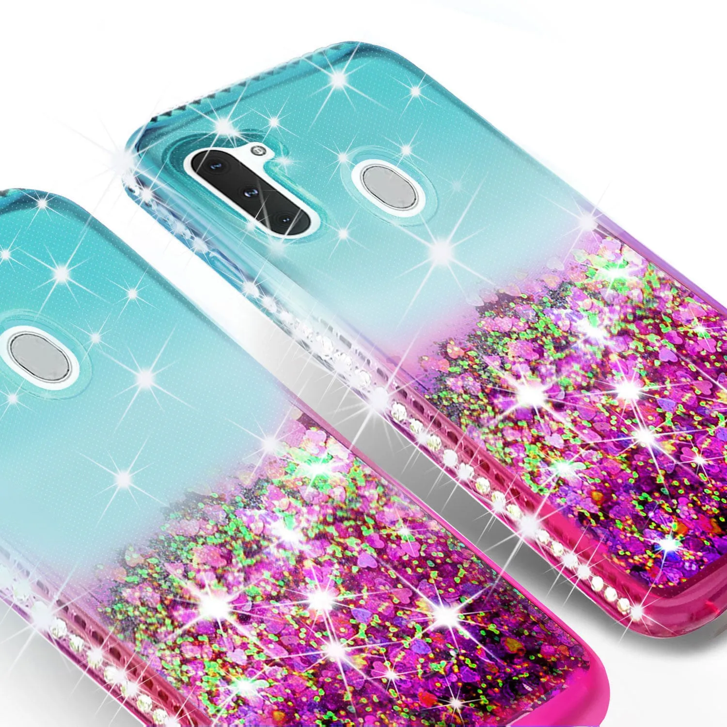 Samsung Galaxy A21 Case Liquid Glitter Phone Case Waterfall Floating Quicksand Bling Sparkle Cute Protective Girls Women Cover for Samsung Galaxy A21 w/ Tempered Glass - (Teal/Pink Gradient)