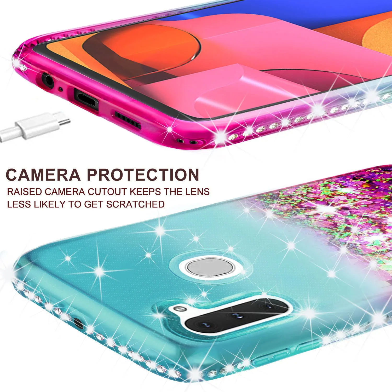 Samsung Galaxy A21 Case Liquid Glitter Phone Case Waterfall Floating Quicksand Bling Sparkle Cute Protective Girls Women Cover for Samsung Galaxy A21 w/ Tempered Glass - (Teal/Pink Gradient)