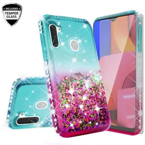 Samsung Galaxy A21 Case Liquid Glitter Phone Case Waterfall Floating Quicksand Bling Sparkle Cute Protective Girls Women Cover for Samsung Galaxy A21 w/ Tempered Glass - (Teal/Pink Gradient)