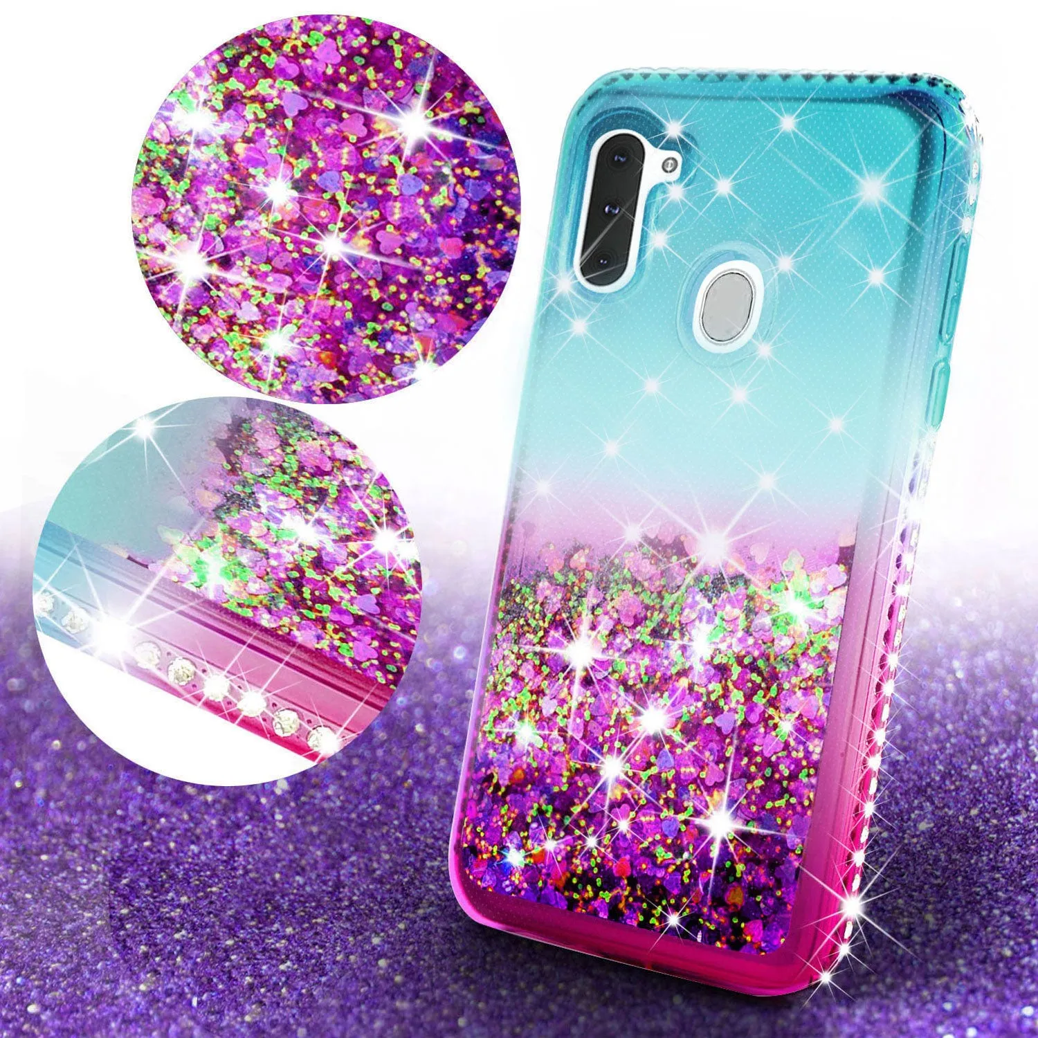Samsung Galaxy A21 Case Liquid Glitter Phone Case Waterfall Floating Quicksand Bling Sparkle Cute Protective Girls Women Cover for Samsung Galaxy A21 w/ Tempered Glass - (Teal/Pink Gradient)