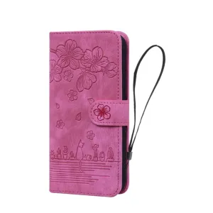 Samsung Galaxy A33 5G Leather Case Flip Cover Cat & Flower Imprint - Pink
