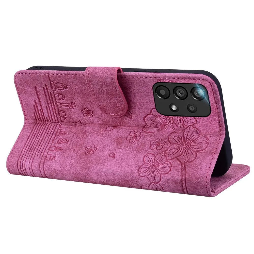 Samsung Galaxy A33 5G Leather Case Flip Cover Cat & Flower Imprint - Pink