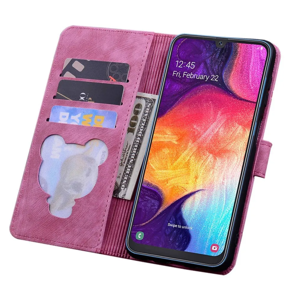 Samsung Galaxy A33 5G Leather Case Flip Cover Cat & Flower Imprint - Pink