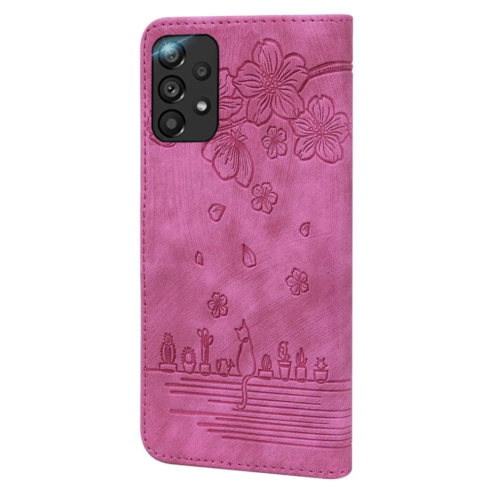Samsung Galaxy A33 5G Leather Case Flip Cover Cat & Flower Imprint - Pink