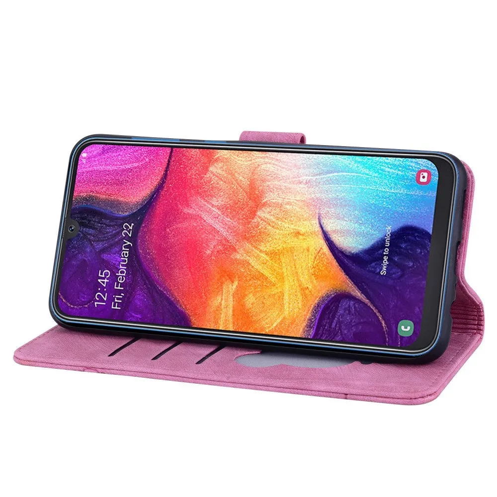Samsung Galaxy A33 5G Leather Case Flip Cover Cat & Flower Imprint - Pink