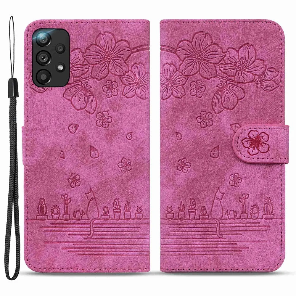 Samsung Galaxy A33 5G Leather Case Flip Cover Cat & Flower Imprint - Pink