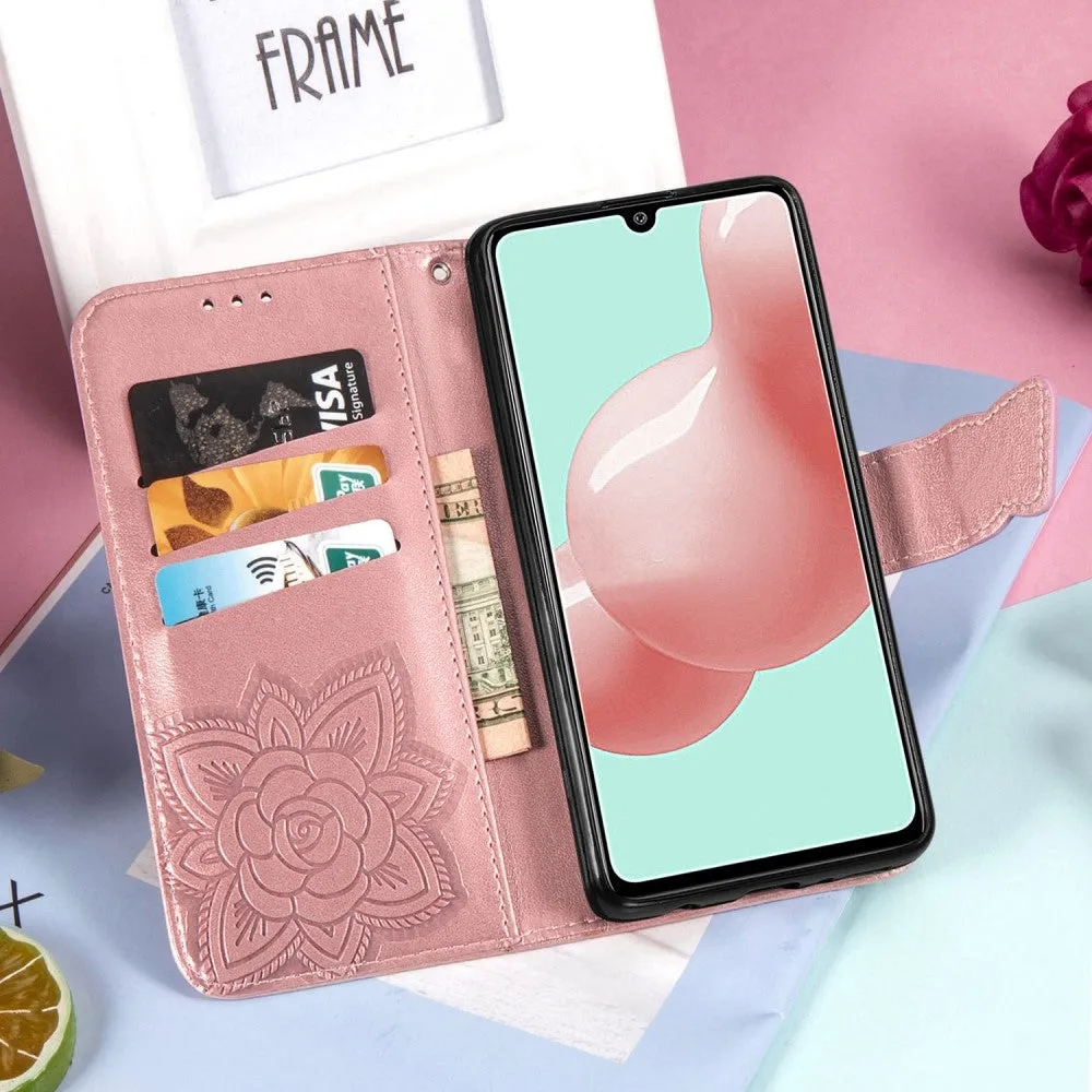 Samsung Galaxy A41 Leather Case Flip Cover Butterflies Imprint - Rose Gold