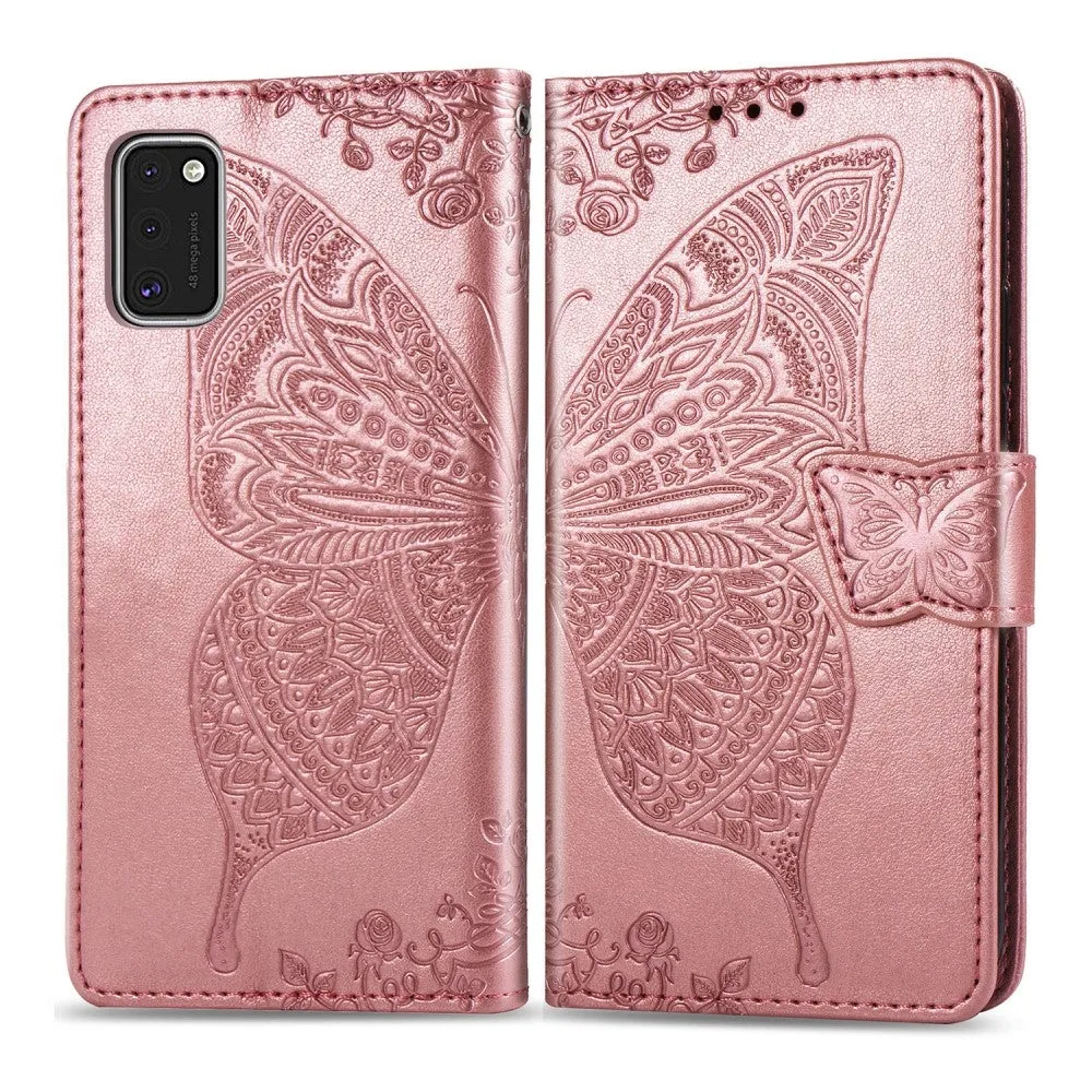 Samsung Galaxy A41 Leather Case Flip Cover Butterflies Imprint - Rose Gold