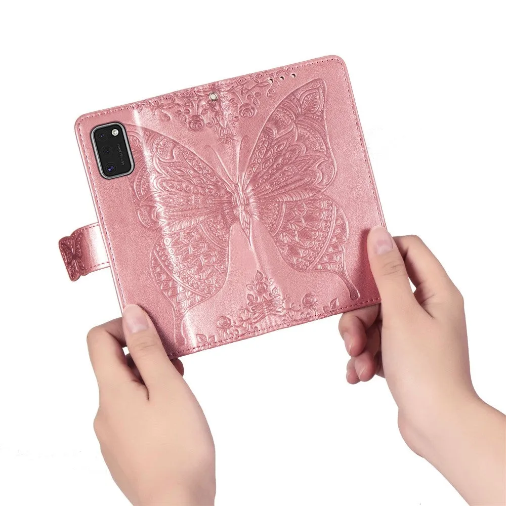 Samsung Galaxy A41 Leather Case Flip Cover Butterflies Imprint - Rose Gold