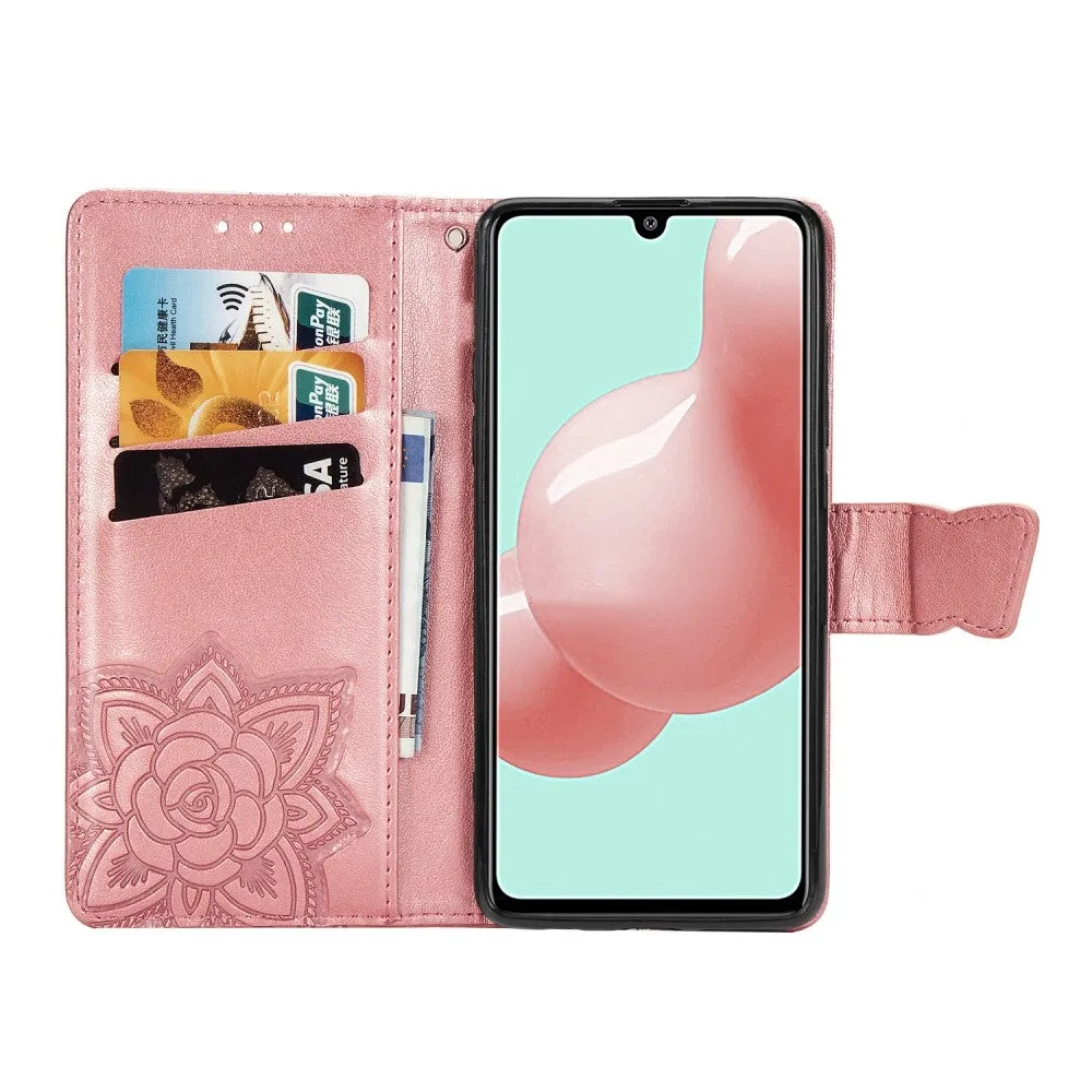Samsung Galaxy A41 Leather Case Flip Cover Butterflies Imprint - Rose Gold