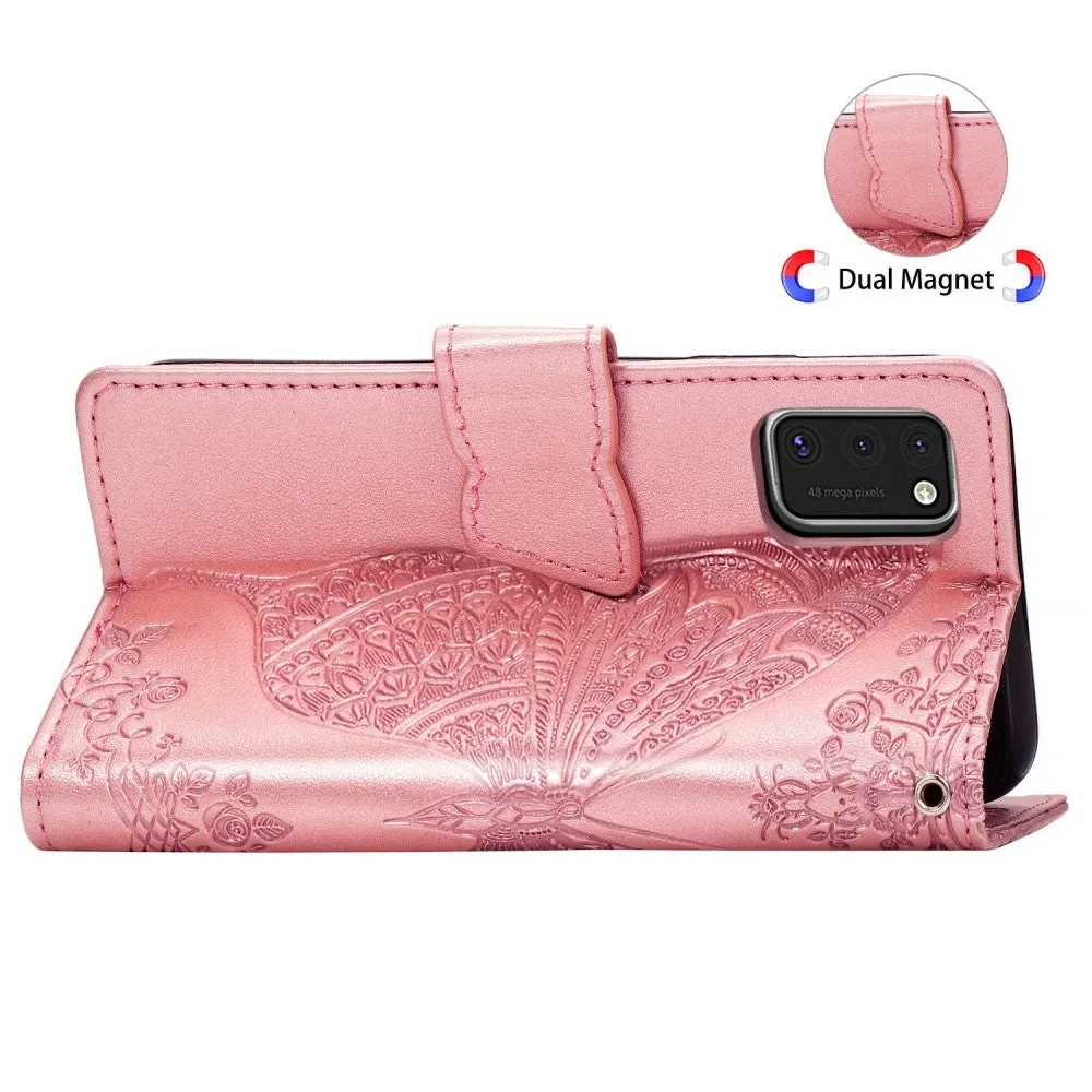 Samsung Galaxy A41 Leather Case Flip Cover Butterflies Imprint - Rose Gold