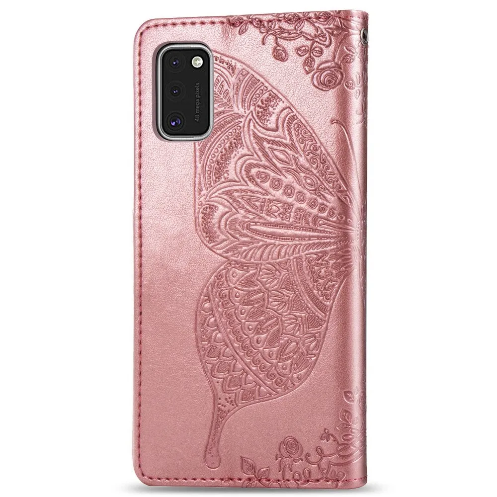 Samsung Galaxy A41 Leather Case Flip Cover Butterflies Imprint - Rose Gold