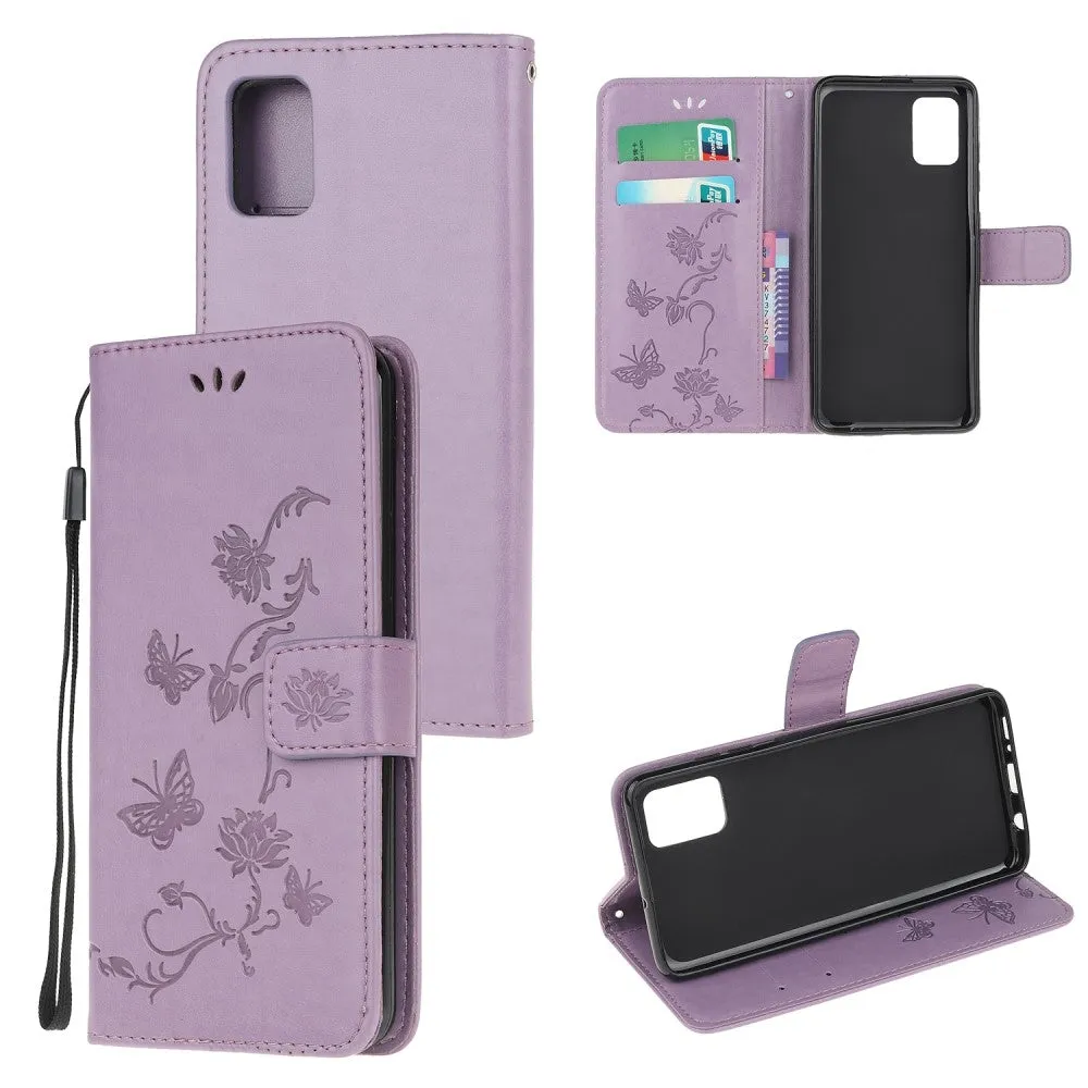 Samsung Galaxy A71 Leather Case Flip Cover Butterflies and Flowers - Purple