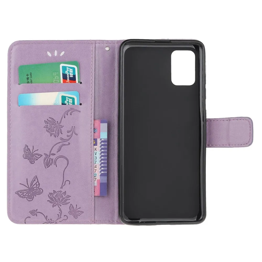Samsung Galaxy A71 Leather Case Flip Cover Butterflies and Flowers - Purple