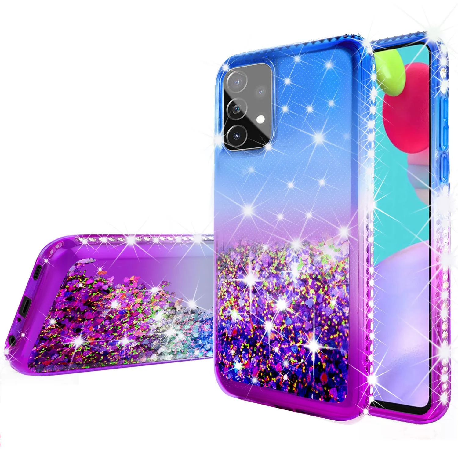 Samsung Galaxy A72 5G Case Liquid Glitter Phone Case Waterfall Floating Quicksand Bling Sparkle Cute Protective Girls Women Cover for Samsung Galaxy A72 5G w/ Tempered Glass - (Blue/Purple Gradient)