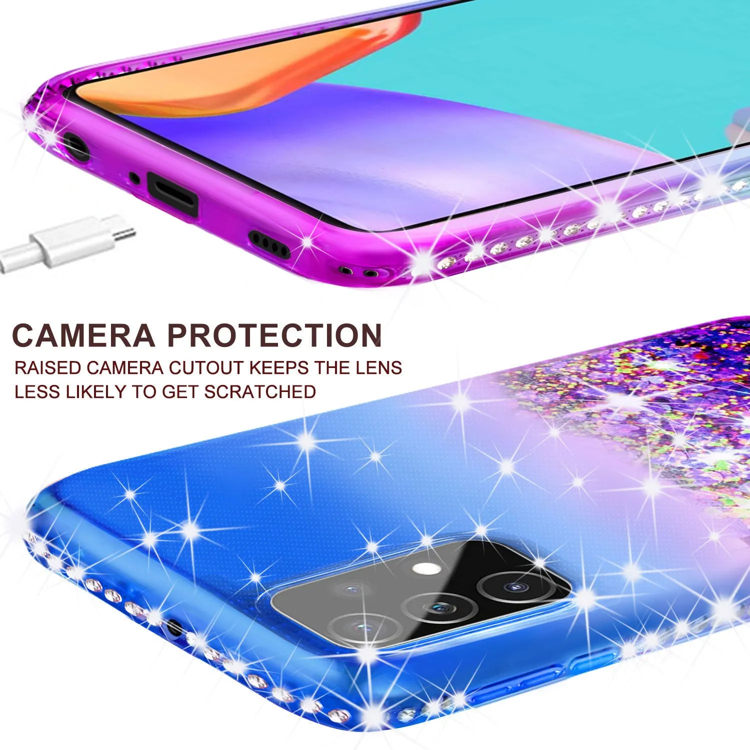 Samsung Galaxy A72 5G Case Liquid Glitter Phone Case Waterfall Floating Quicksand Bling Sparkle Cute Protective Girls Women Cover for Samsung Galaxy A72 5G w/ Tempered Glass - (Blue/Purple Gradient)