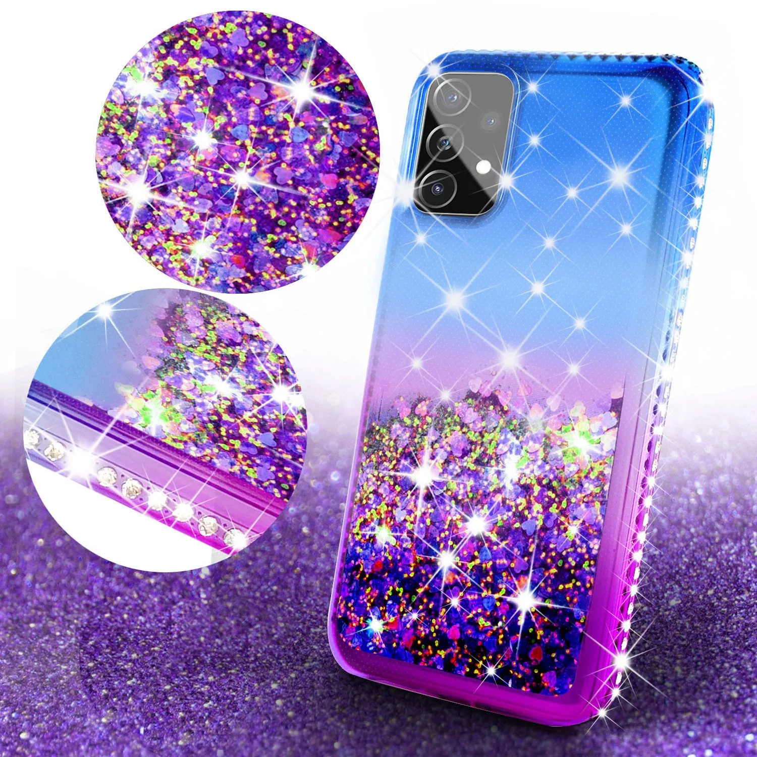 Samsung Galaxy A72 5G Case Liquid Glitter Phone Case Waterfall Floating Quicksand Bling Sparkle Cute Protective Girls Women Cover for Samsung Galaxy A72 5G w/ Tempered Glass - (Blue/Purple Gradient)