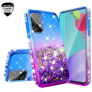 Samsung Galaxy A72 5G Case Liquid Glitter Phone Case Waterfall Floating Quicksand Bling Sparkle Cute Protective Girls Women Cover for Samsung Galaxy A72 5G w/ Tempered Glass - (Blue/Purple Gradient)
