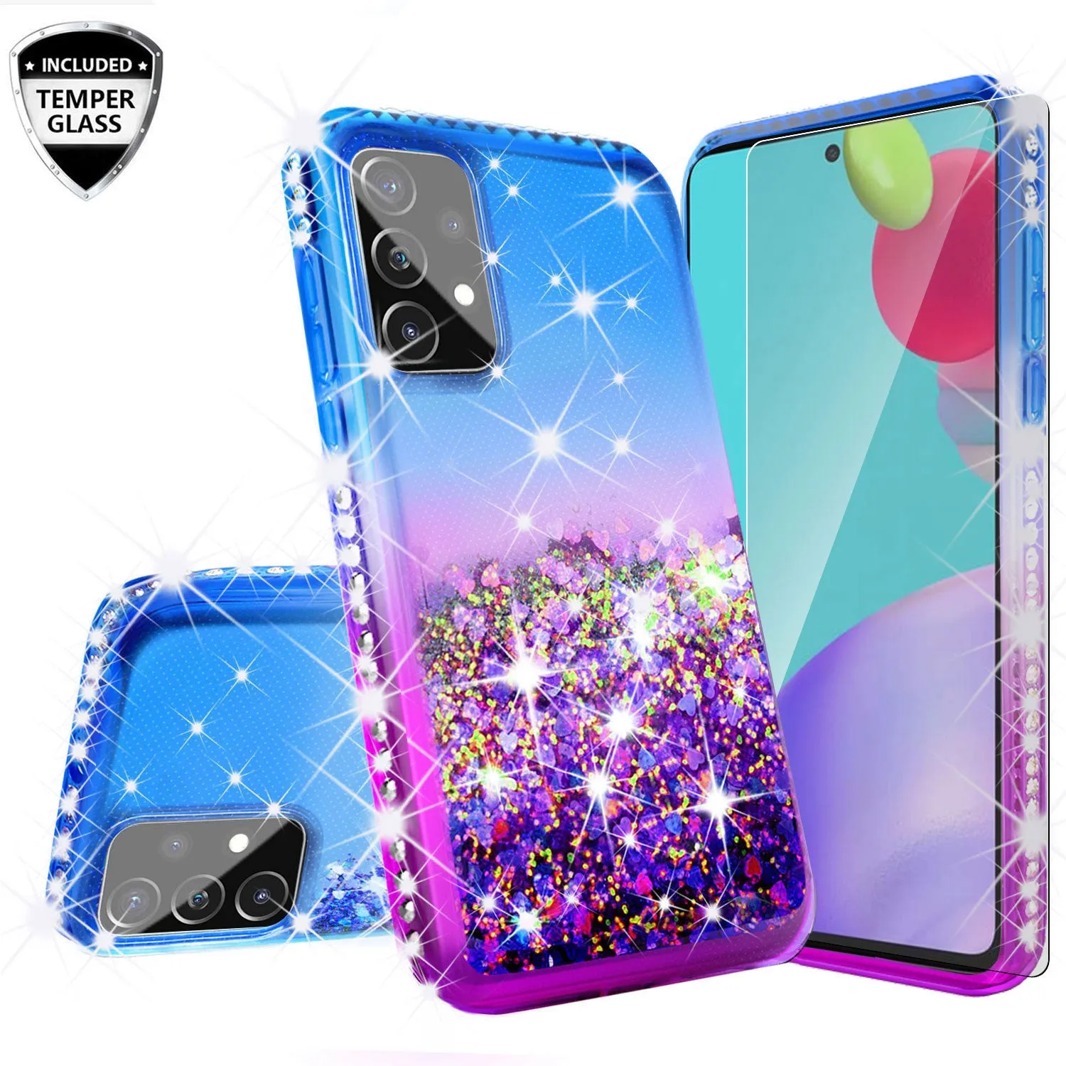 Samsung Galaxy A72 5G Case Liquid Glitter Phone Case Waterfall Floating Quicksand Bling Sparkle Cute Protective Girls Women Cover for Samsung Galaxy A72 5G w/ Tempered Glass - (Blue/Purple Gradient)