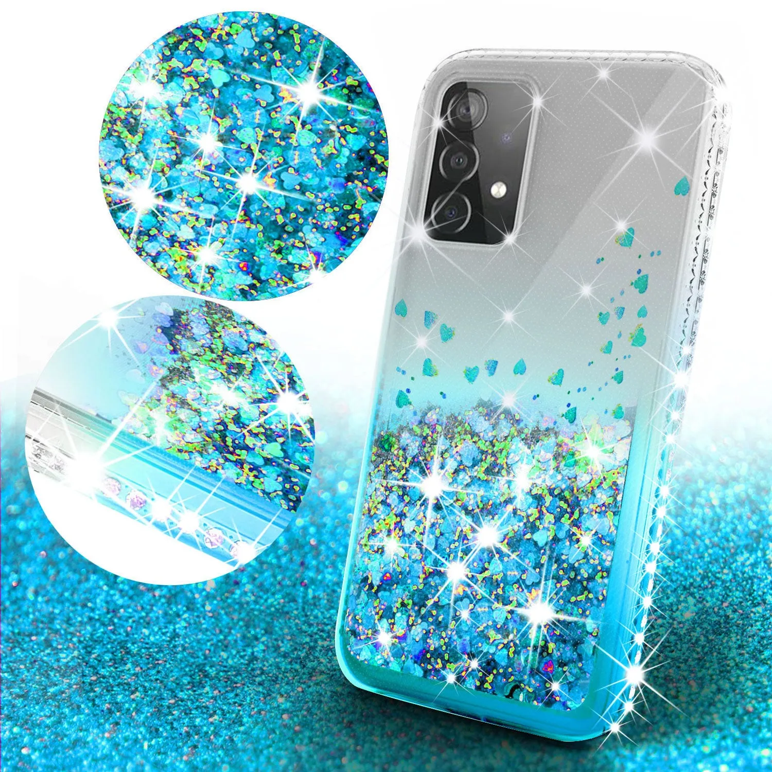 Samsung Galaxy A72 5G Case Liquid Glitter Phone Case Waterfall Floating Quicksand Bling Sparkle Cute Protective Girls Women Cover for Samsung Galaxy A72 5G W/Temper Glass - Teal