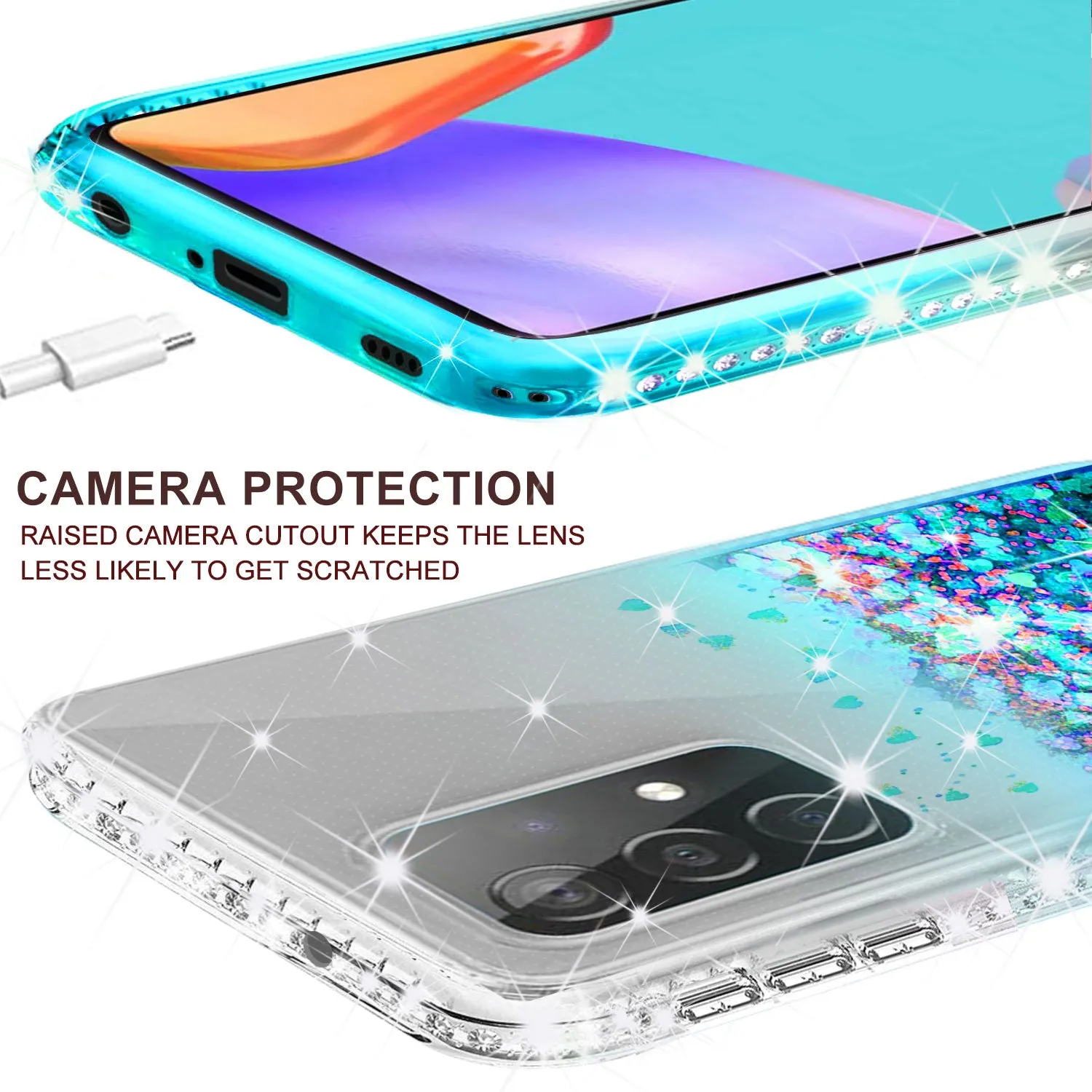 Samsung Galaxy A72 5G Case Liquid Glitter Phone Case Waterfall Floating Quicksand Bling Sparkle Cute Protective Girls Women Cover for Samsung Galaxy A72 5G W/Temper Glass - Teal