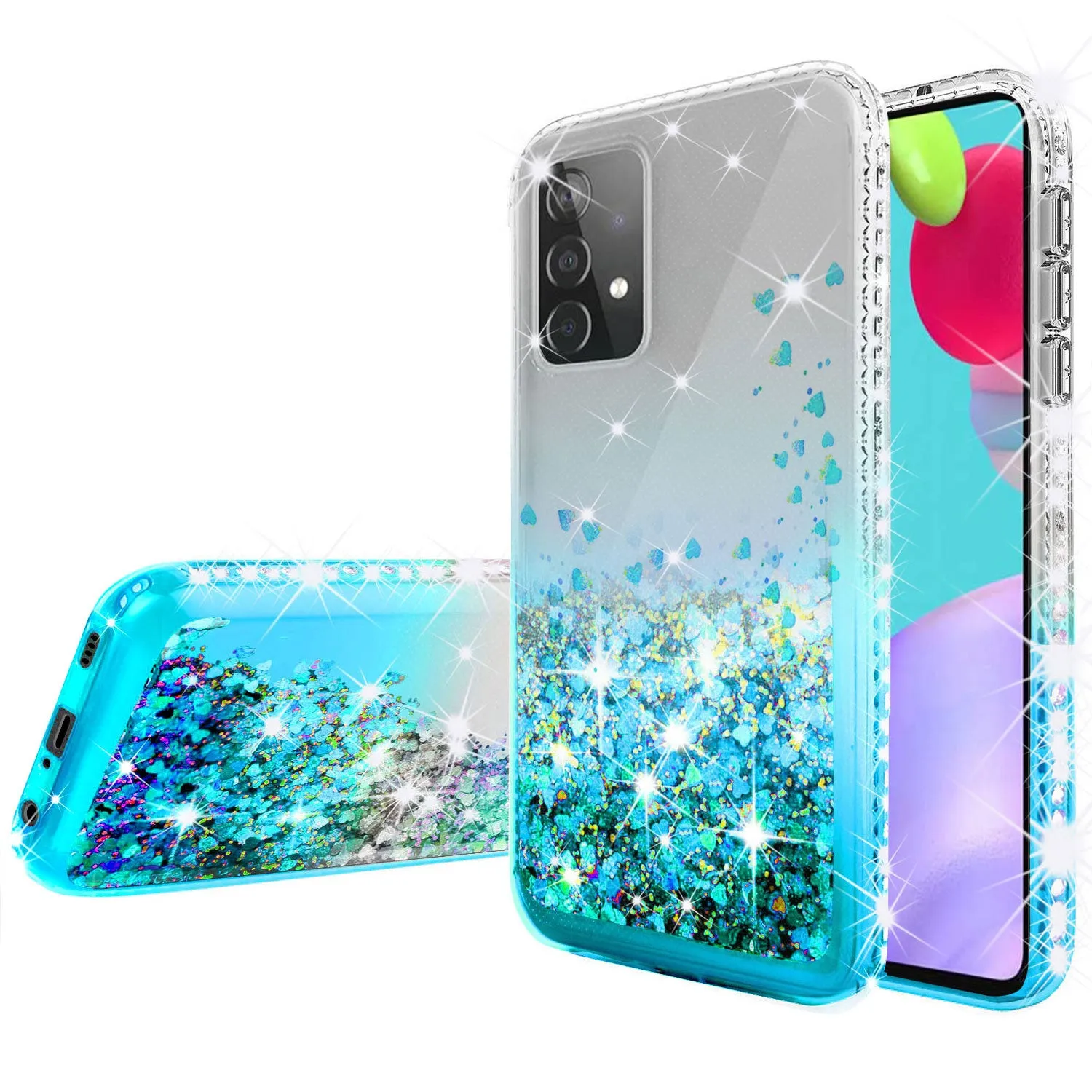 Samsung Galaxy A72 5G Case Liquid Glitter Phone Case Waterfall Floating Quicksand Bling Sparkle Cute Protective Girls Women Cover for Samsung Galaxy A72 5G W/Temper Glass - Teal