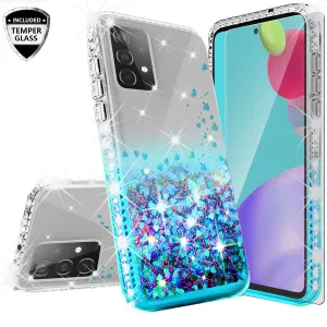 Samsung Galaxy A72 5G Case Liquid Glitter Phone Case Waterfall Floating Quicksand Bling Sparkle Cute Protective Girls Women Cover for Samsung Galaxy A72 5G W/Temper Glass - Teal