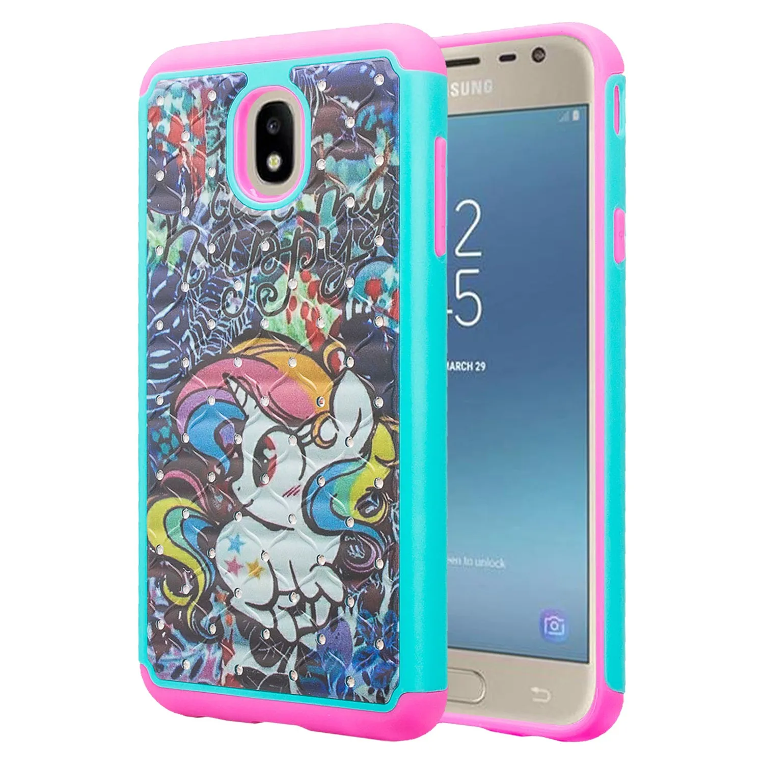Samsung Galaxy J3 2018/Express Prime 3/Amp Prime 3/J3 Achieve/J3 Star/J3 Top/J3 Achieve/J3 Orbit/J3 V 3rd Gen/J3 Aura/Sol 3 Case Slim Crystal Rhinestone Dual Layer Protective Cover - Rainbow Unicorn