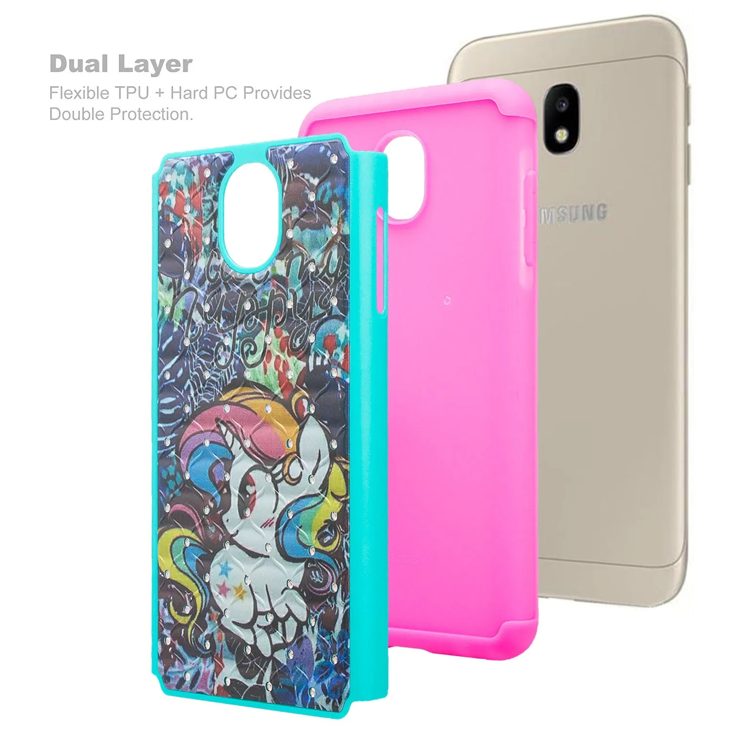 Samsung Galaxy J3 2018/Express Prime 3/Amp Prime 3/J3 Achieve/J3 Star/J3 Top/J3 Achieve/J3 Orbit/J3 V 3rd Gen/J3 Aura/Sol 3 Case Slim Crystal Rhinestone Dual Layer Protective Cover - Rainbow Unicorn