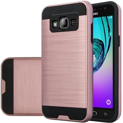 Samsung Galaxy J3 Case, J3 V Case, Galaxy Sky, Galaxy Sol, Galaxy Amp Prime, Galaxy Express Prime [Shock Resistant] Hybrid Dual Layer Armor Protective Case Cover - Brush Rose Gold