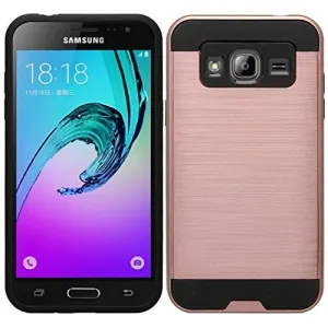 Samsung Galaxy J3 Case, J3 V Case, Galaxy Sky, Galaxy Sol, Galaxy Amp Prime, Galaxy Express Prime [Shock Resistant] Hybrid Dual Layer Armor Protective Case Cover - Brush Rose Gold