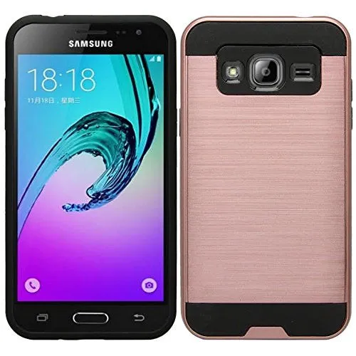 Samsung Galaxy J3 Case, J3 V Case, Galaxy Sky, Galaxy Sol, Galaxy Amp Prime, Galaxy Express Prime [Shock Resistant] Hybrid Dual Layer Armor Protective Case Cover - Brush Rose Gold