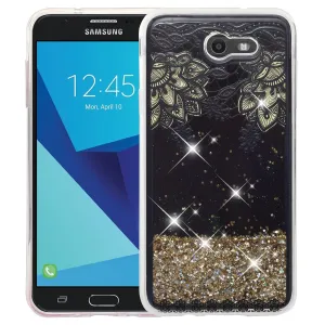 Samsung Galaxy J7 (2017) / J7 Sky Pro / J7 Perx / J7 V / J7 Prime / Galaxy Halo Case, Luxury Bling Glitter Liquid Quicksand Cover - Gold Top Flowers