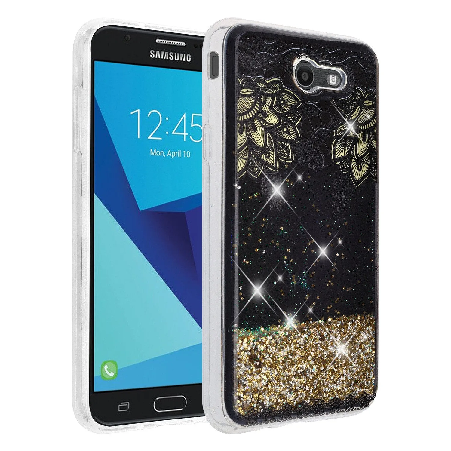 Samsung Galaxy J7 (2017) / J7 Sky Pro / J7 Perx / J7 V / J7 Prime / Galaxy Halo Case, Luxury Bling Glitter Liquid Quicksand Cover - Gold Top Flowers