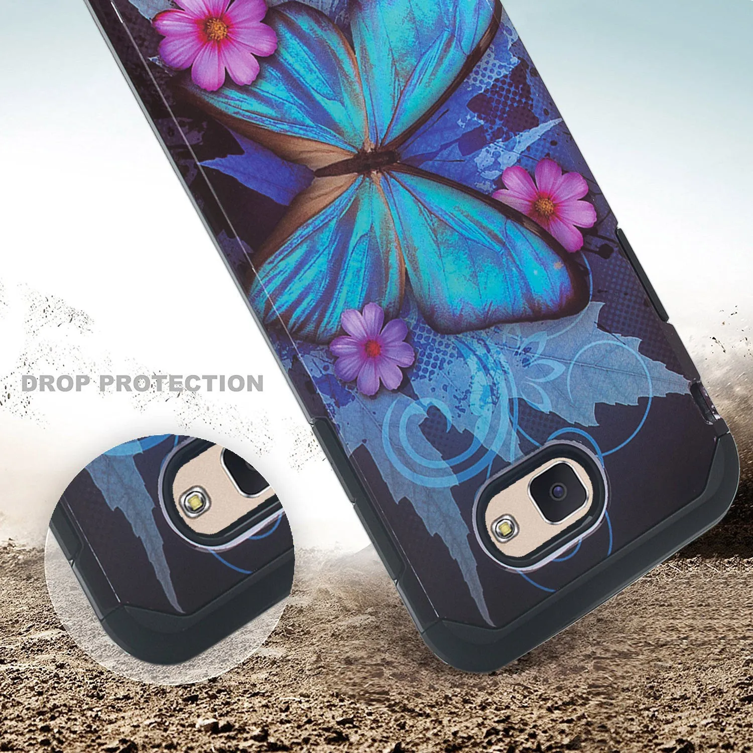 Samsung Galaxy J7 (2017) / J7 Sky Pro / J7 Perx / J7 V / J7 Prime / Galaxy Halo Case, Slim Shock Resistant Cover - Blue Butterfly
