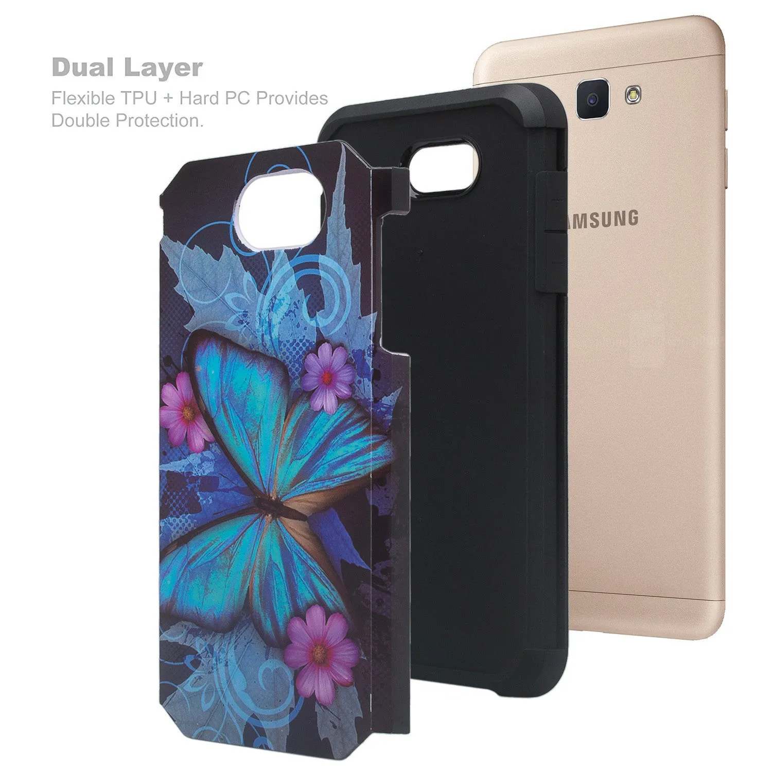 Samsung Galaxy J7 (2017) / J7 Sky Pro / J7 Perx / J7 V / J7 Prime / Galaxy Halo Case, Slim Shock Resistant Cover - Blue Butterfly