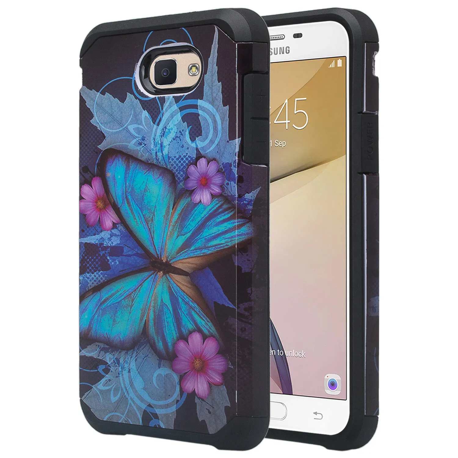 Samsung Galaxy J7 (2017) / J7 Sky Pro / J7 Perx / J7 V / J7 Prime / Galaxy Halo Case, Slim Shock Resistant Cover - Blue Butterfly