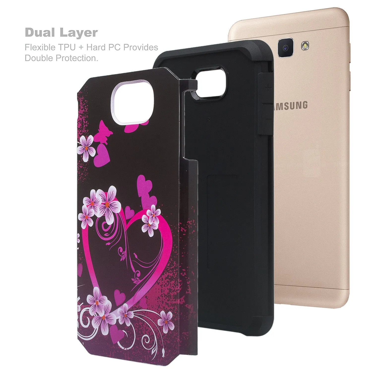 Samsung Galaxy J7 Prime, G610, Galaxy On 7 Case, Slim Hybrid [Shock Resistant] Dual Layer Protective Case Cover - Heart Butterflies