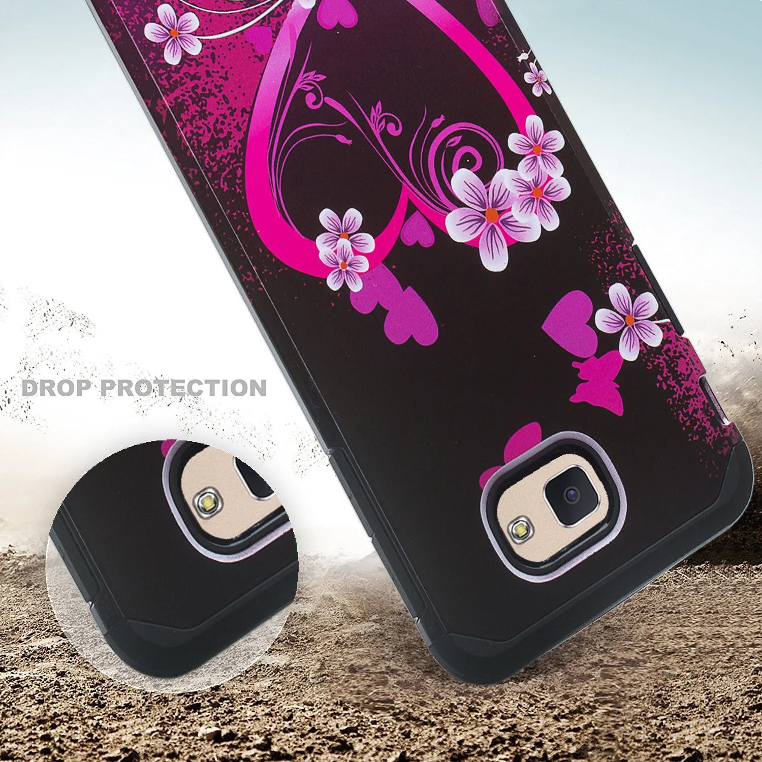 Samsung Galaxy J7 Prime, G610, Galaxy On 7 Case, Slim Hybrid [Shock Resistant] Dual Layer Protective Case Cover - Heart Butterflies